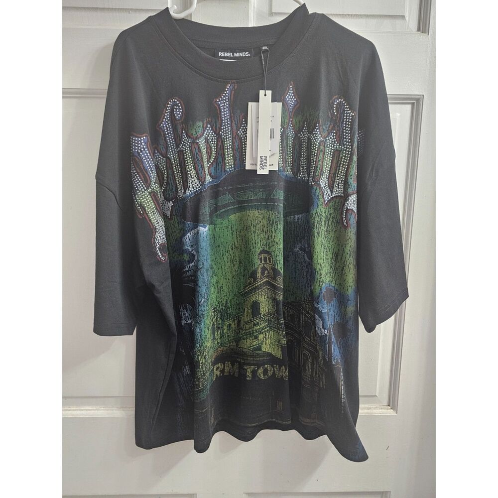 Rebel Minds "RM Town" Rhinestone UFO T-Shirt Charcoal Black 2XL NWT
